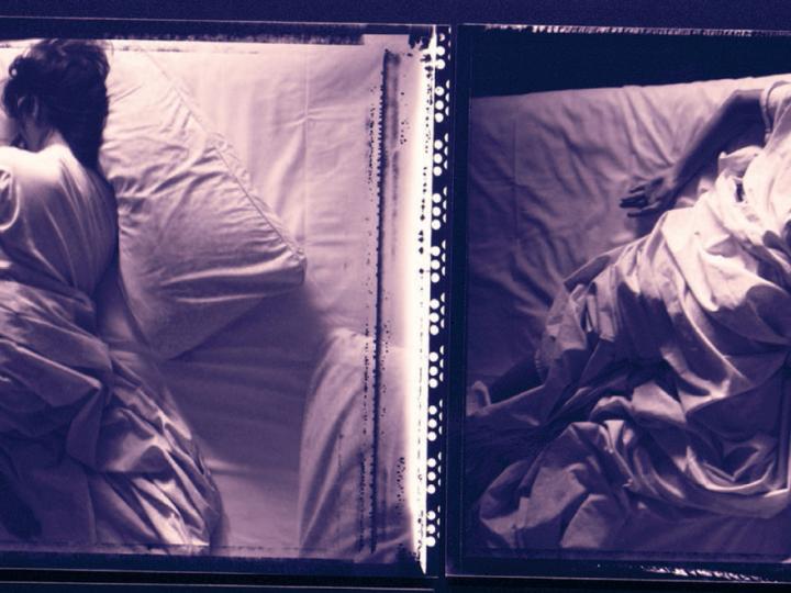 Black and white photos of people restless in beds