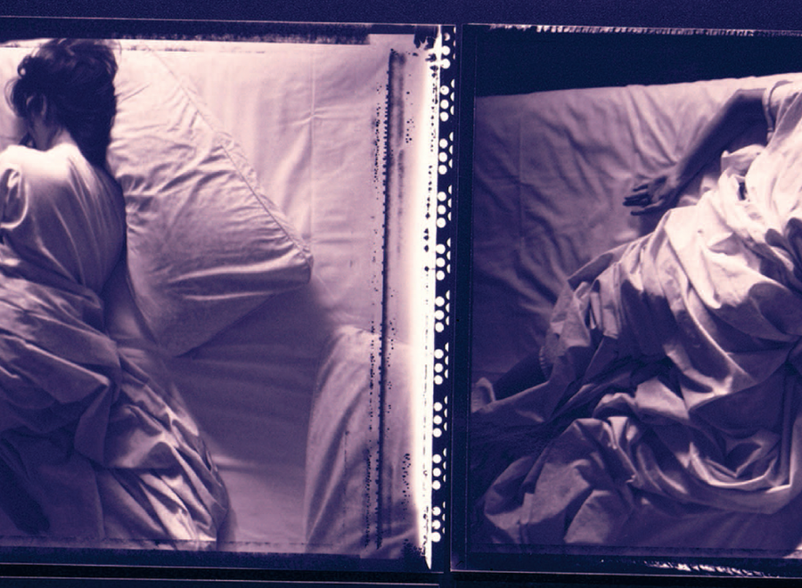 Black and white photos of people restless in beds