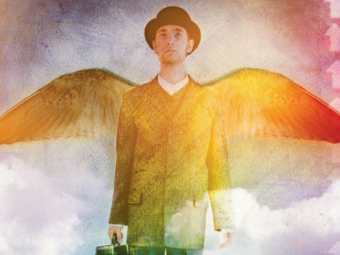 Illustration of man in bowler hat with briefcase and wings