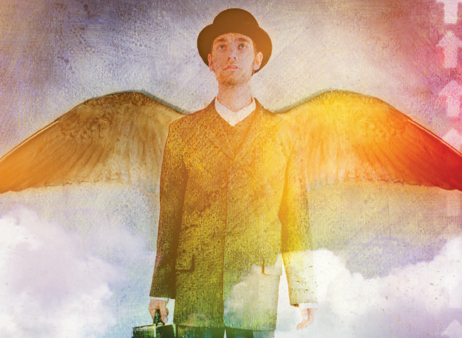 Illustration of man in bowler hat with briefcase and wings