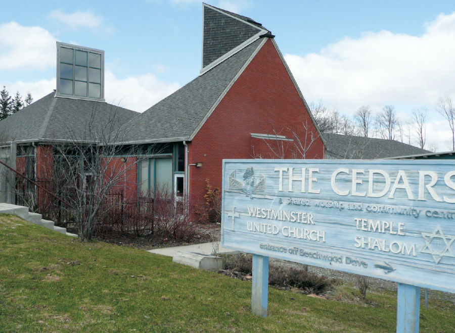 Red building that is United Church and Jewish temple