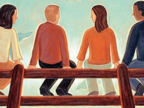 Illustration of people sitting on fence