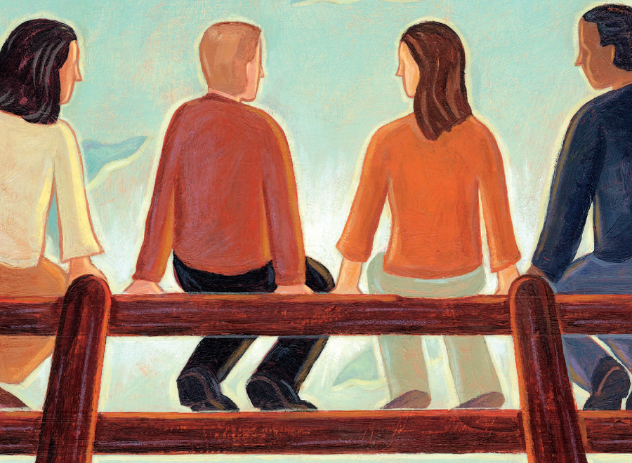 Illustration of people sitting on fence