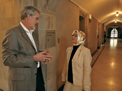 Man and woman in university hall