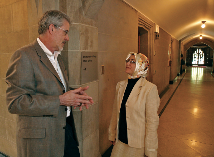 Man and woman in university hall