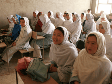 Afghan female students at desks in school
