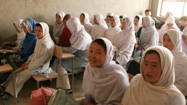 Afghan female students at desks in school