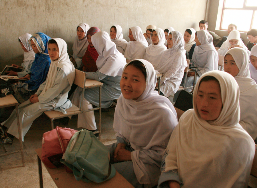 Afghan female students at desks in school