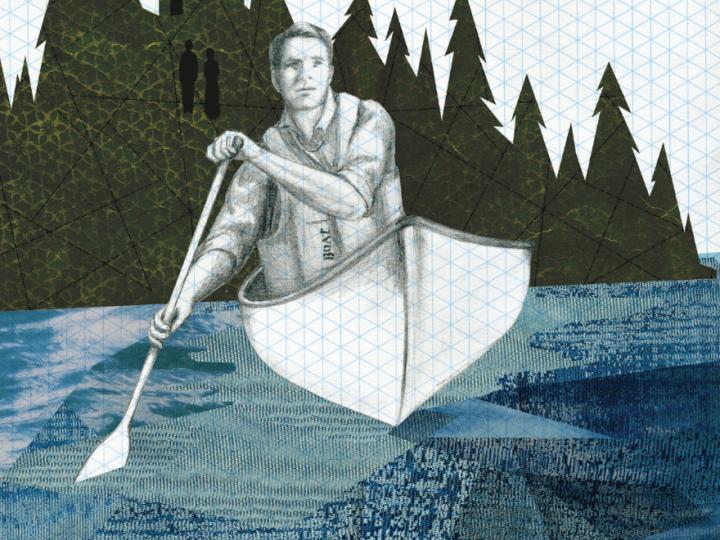 Illustration of young white man paddling canoe alone