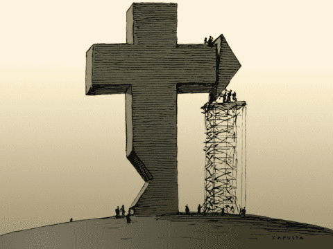 Illustration of a large cross under construction by many small people