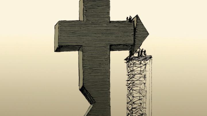 Illustration of a large cross under construction by many small people