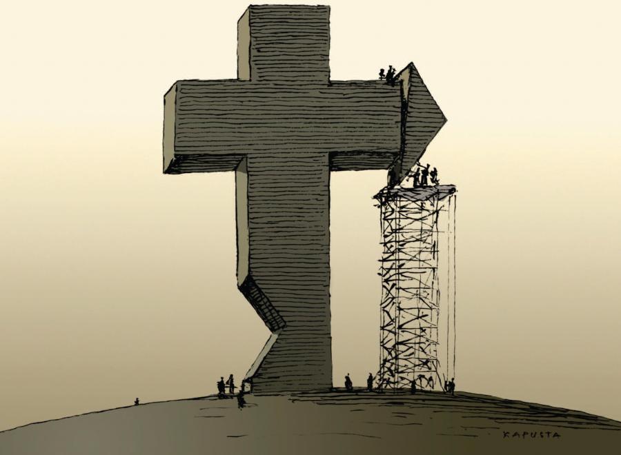 Illustration of a large cross under construction by many small people