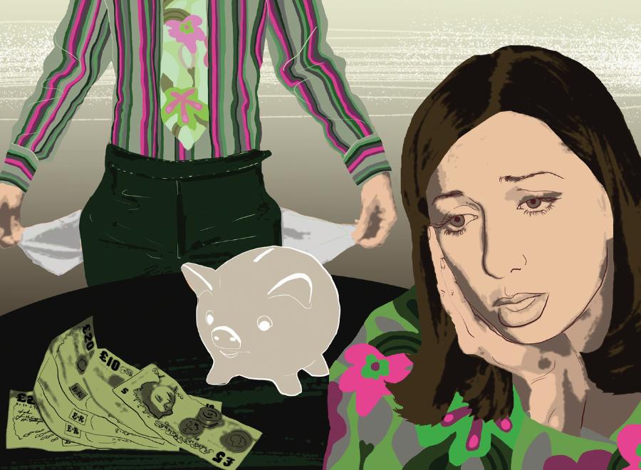 Illustration of white woman and man worrying about money