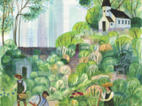 colourful drawing of garden and church