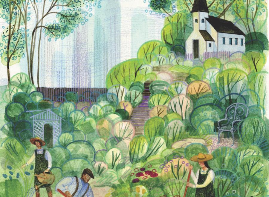 colourful drawing of garden and church