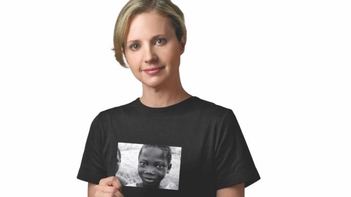 young white woman in black T-shirt