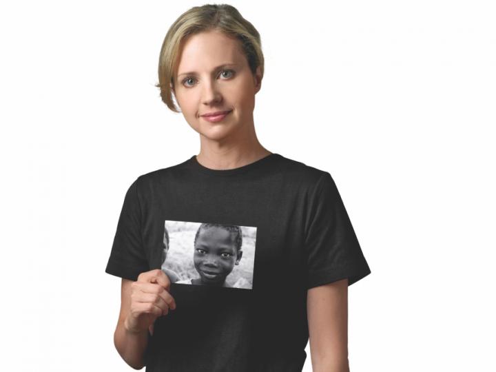 young white woman in black T-shirt