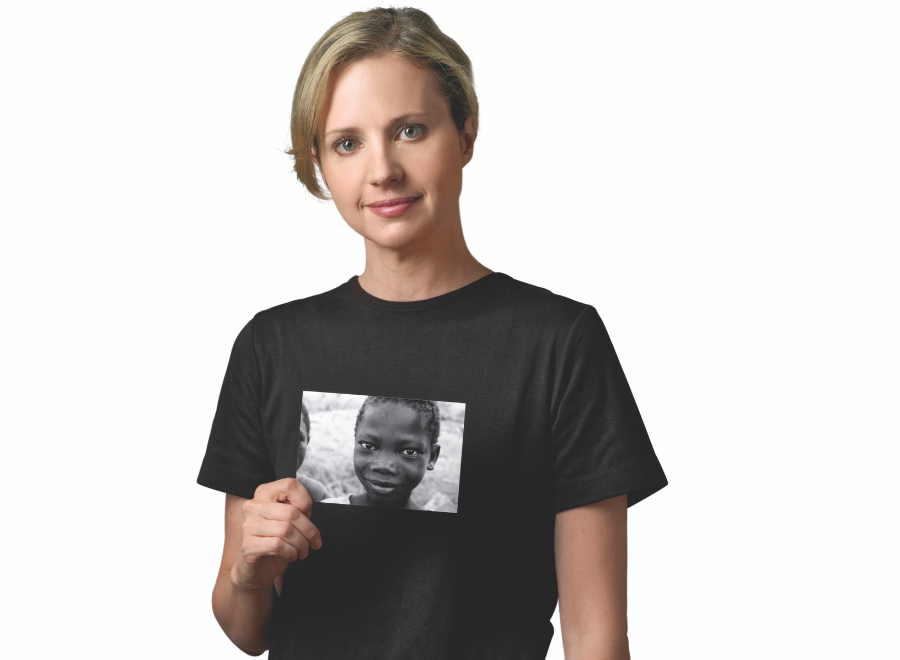 young white woman in black T-shirt