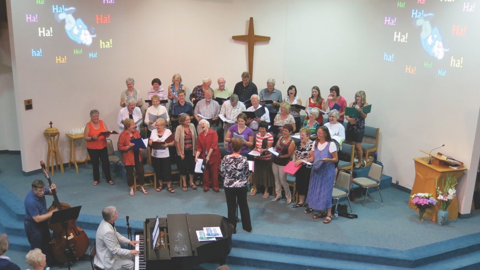 Congregation at service, with piano