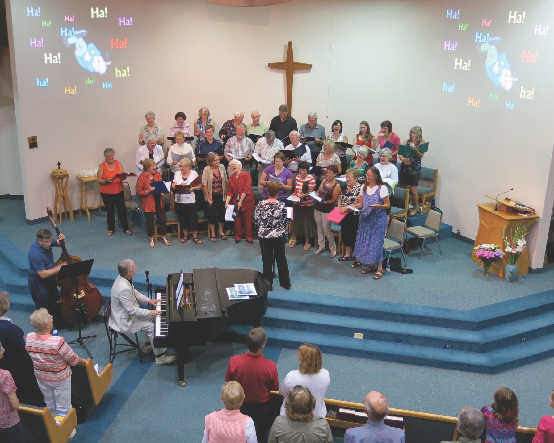 Congregation at service, with piano