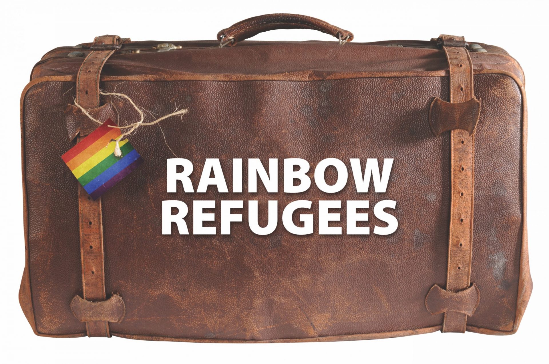 leather suitcase with rainbow refugees label
