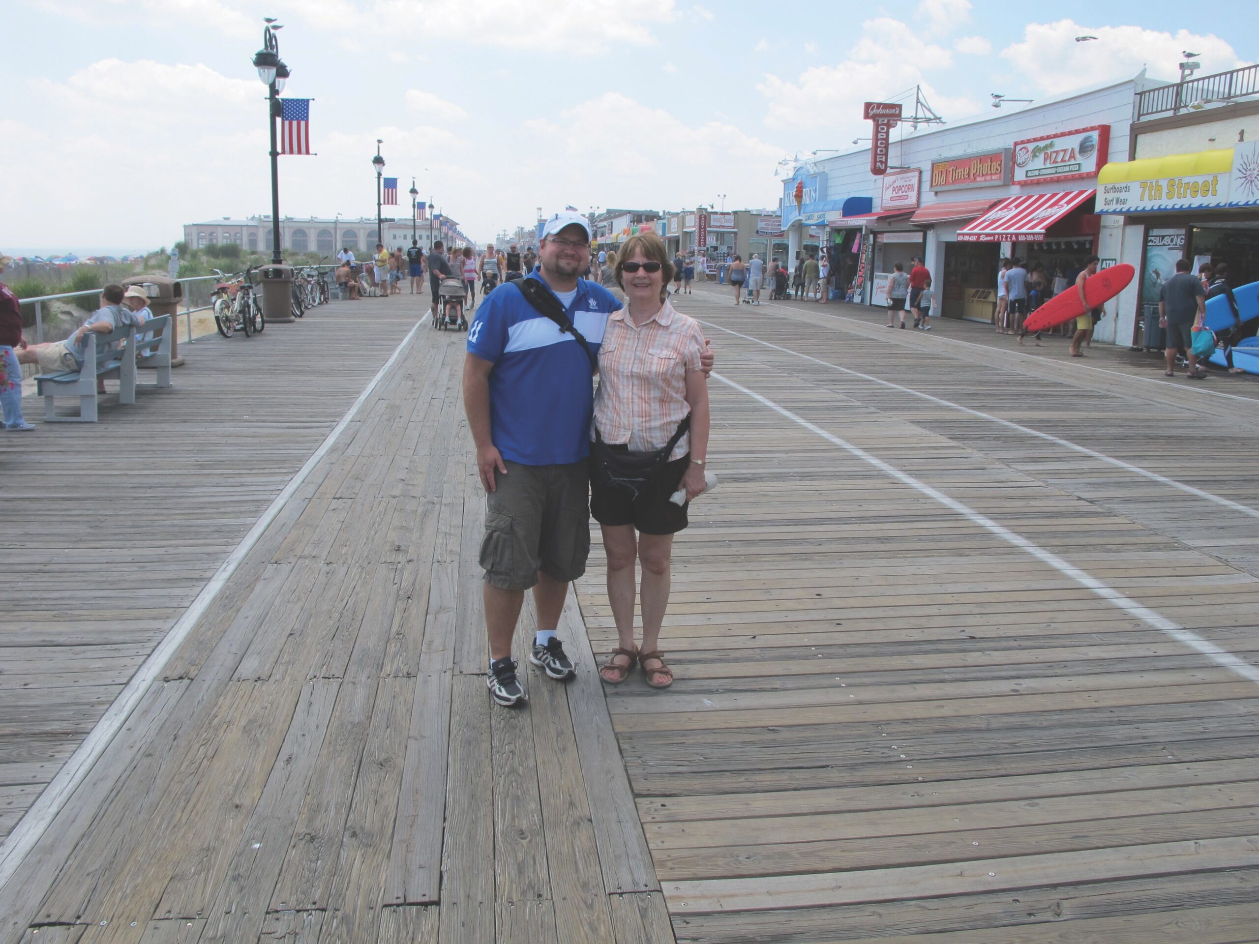 mother and son on boardwalk