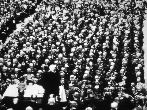 archival photo of men at church