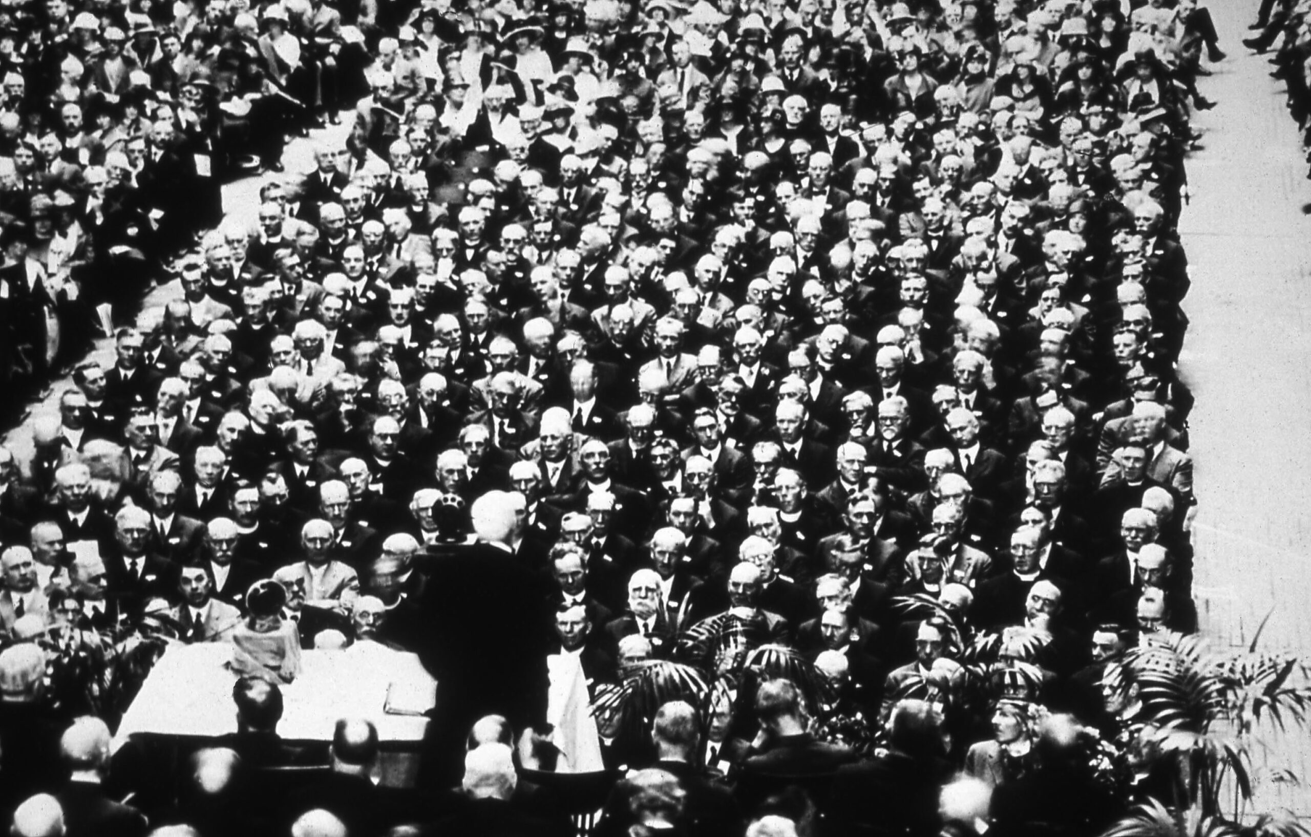 archival photo of men at church