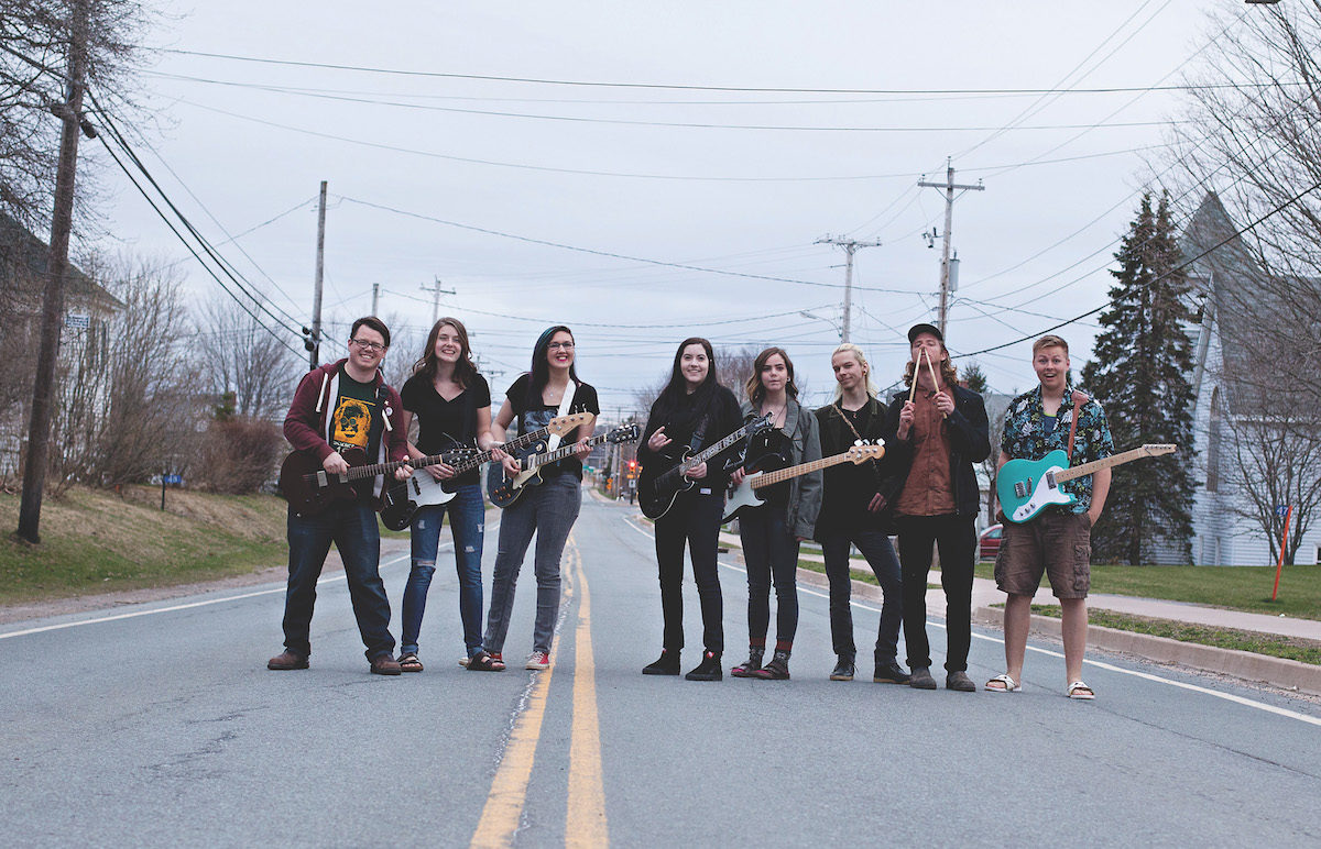Knox United’s rock band, Khrysalis, on Highway 289 in Brookfield, N.S. From left: Rev. Keith Gale, Beth O’Connell, Shelb-e Ryan, Julia Hamilton, Anna Hamilton, Jacob Smith, Kyle Henderson and Peter Betts. Photo by Merna Ryan