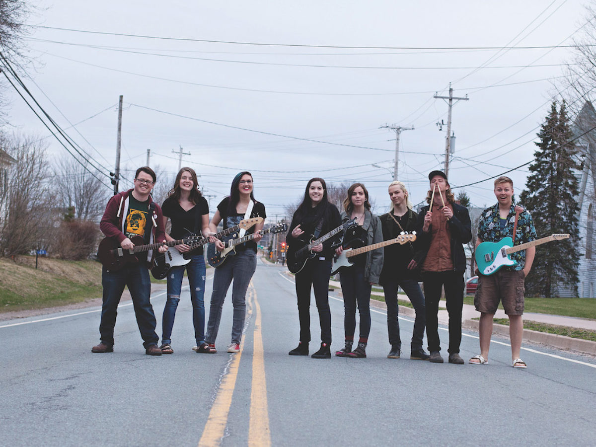 Knox United’s rock band, Khrysalis, on Highway 289 in Brookfield, N.S. From left: Rev. Keith Gale, Beth O’Connell, Shelb-e Ryan, Julia Hamilton, Anna Hamilton, Jacob Smith, Kyle Henderson and Peter Betts. Photo by Merna Ryan