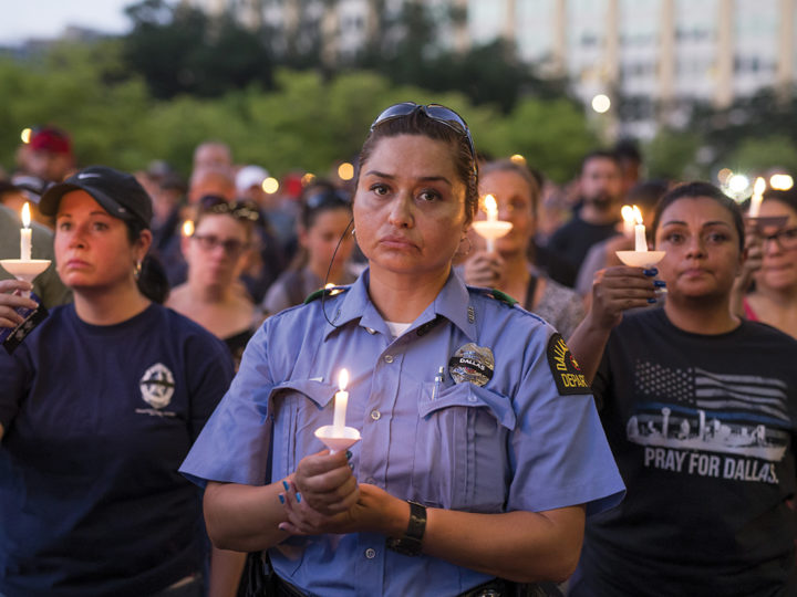A candlelight vigil for five police officers killed in Dallas last July. Photo by Bilgin S. Sasmaz/Anadolu Agency/Getty Images