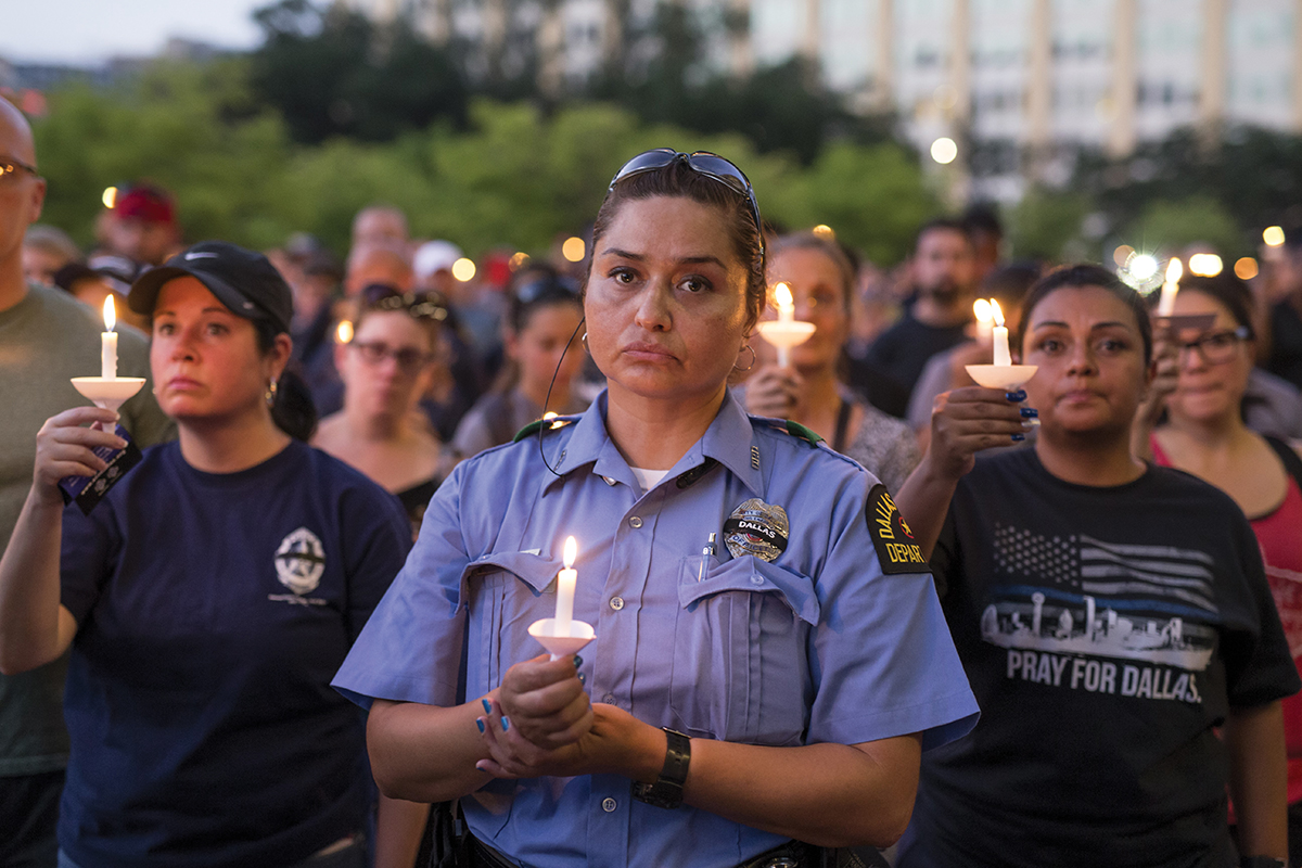 A candlelight vigil for five police officers killed in Dallas last July. Photo by Bilgin S. Sasmaz/Anadolu Agency/Getty Images