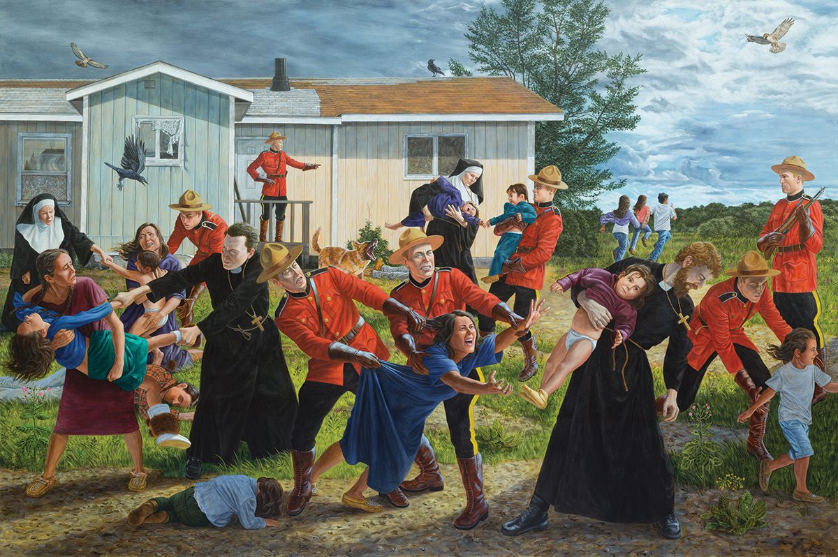 The Scream (2016) by Kent Monkman, part of his Shame and Prejudice exhibition, shows priests, nuns and Mounties rounding up children for residential school as their anguished mothers protest. Photo courtesy of Kent Monkman