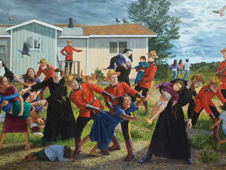 The Scream (2016) by Kent Monkman, part of his Shame and Prejudice exhibition, shows priests, nuns and Mounties rounding up children for residential school as their anguished mothers protest. Photo courtesy of Kent Monkman