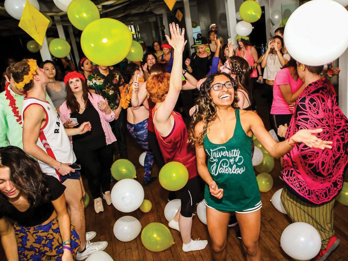 Balloons fill the air at a morning Daybreaker rave in Toronto. Photo courtesy of daybreaker.com