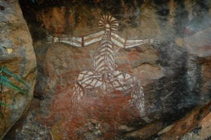 Nabulwinjbulwinj, an evil spirit who eats females after striking them with a yam, painted at the Anbangbang rock shelter in Kakadu National Park. Photo by hbieser/Pixabay