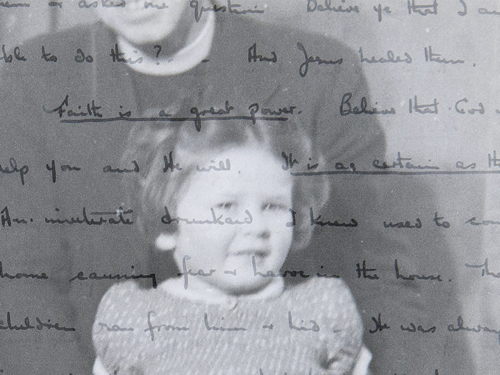 Anne Bayin as a child with her father; overlaid is one of his handwritten sermons. Photo illustration by Anne Bayin