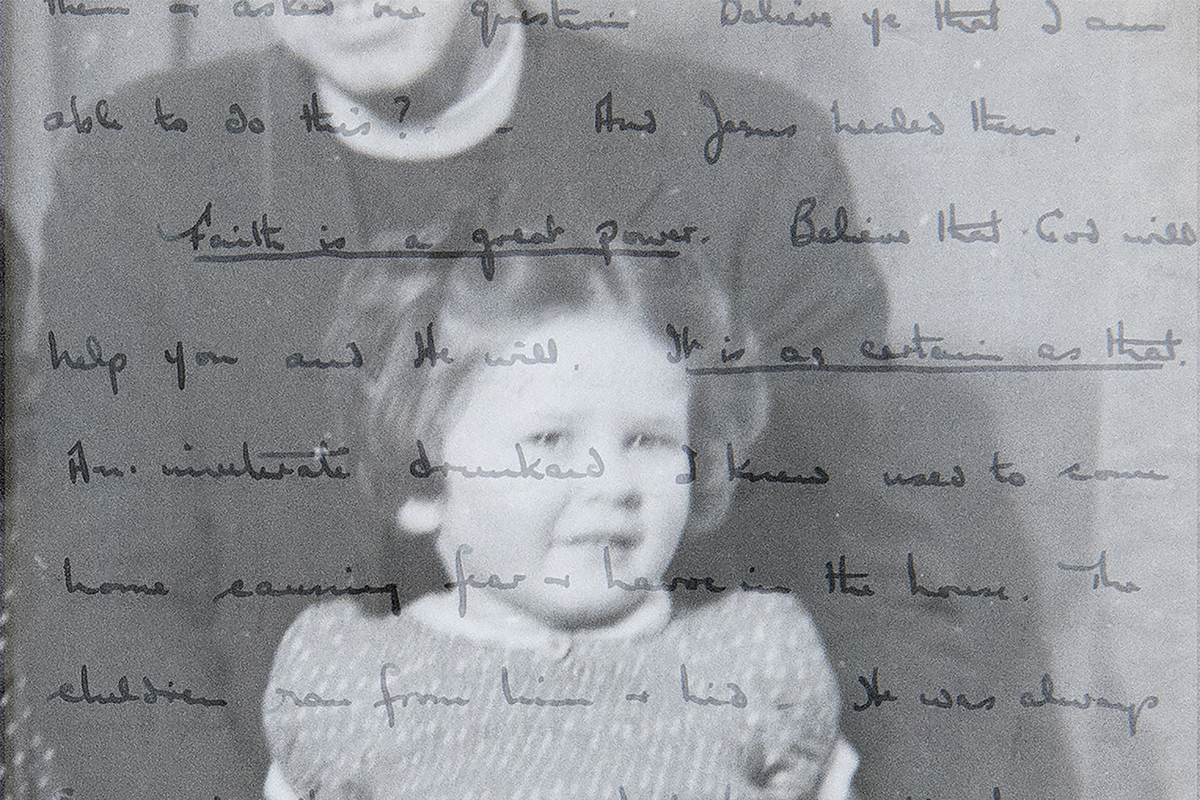 Anne Bayin as a child with her father; overlaid is one of his handwritten sermons. Photo illustration by Anne Bayin