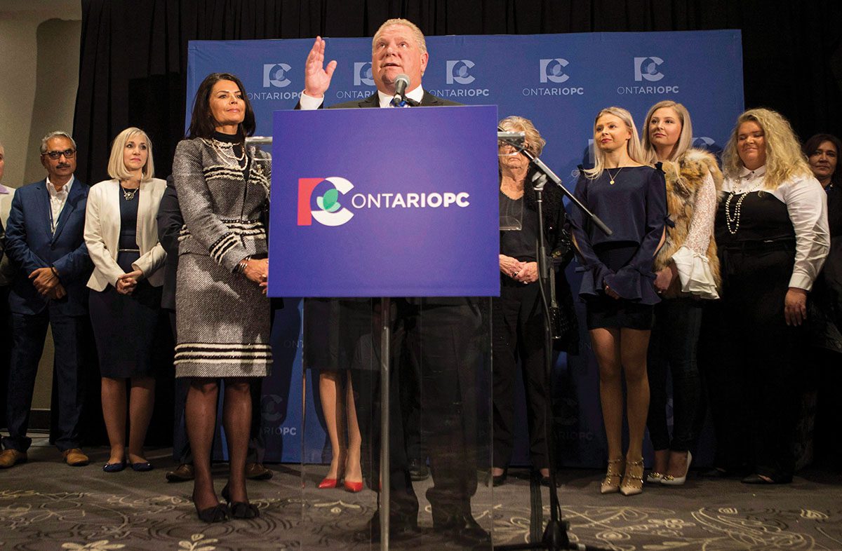 Doug Ford surrounded by family and supporters after being elected leader of the Ontario Progressive Conservatives in March. Photo by Chris Young/The Canadian Press
