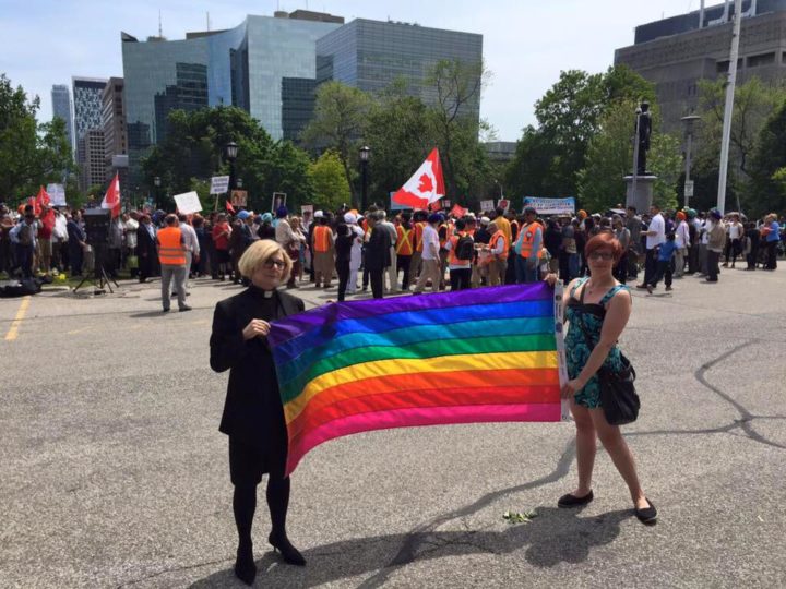 Cheri DiNovo and Andrea Houston at Queen's Park in June 2015, protesting against those who opposed Ontario's new sex-ed curriculum. (Credit: Jacqie Lucas/Facebook)