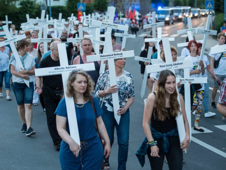 Protesters demonstrate against a neo-Nazi concert in Themar, Germany, last June carrying crosses representing victims of far-right violence. (Photo: Jans-Ulrich Koch/EPA/The Canadian Press)