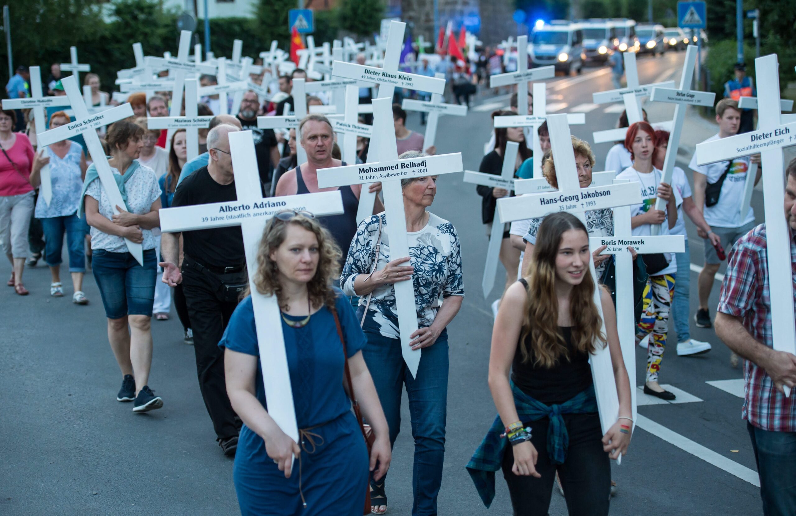 Protesters demonstrate against a neo-Nazi concert in Themar, Germany, last June carrying crosses representing victims of far-right violence. (Photo: Jans-Ulrich Koch/EPA/The Canadian Press)