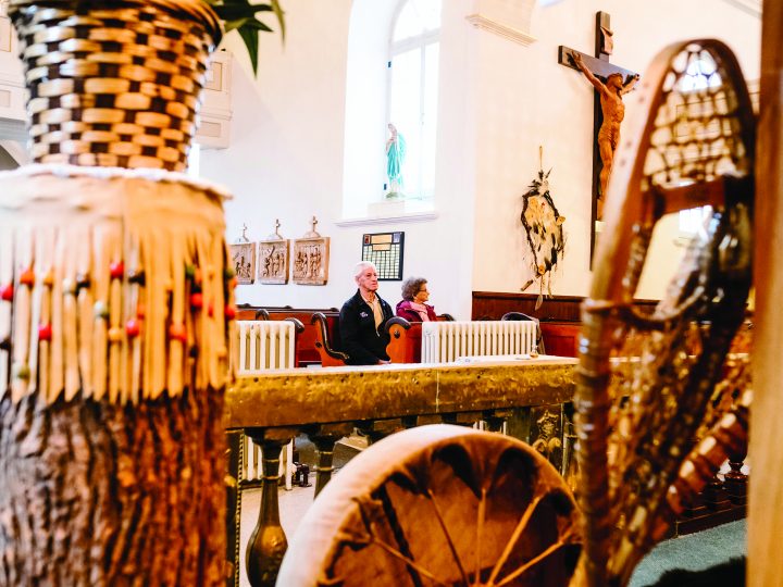 The Christian and Indigenous heritage of the Wendat people find equal expression at l'Église Notre-Dame-de-Lorette in Wendake, Que. (Photo by Renaud Philippe)