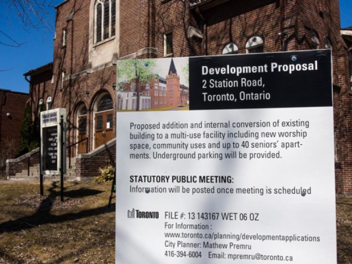 A development proposal sign at Wesley Mimico United in Toronto. Neighbours have been fighting the bid for five years. Photo courtesy of Peter Shepherd
