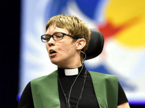 Rev. Miriam Spies speaks at opening worship at the 43rd General Council meeting in Oshawa, Ont. on July 22. (Credit: Richard Choe)