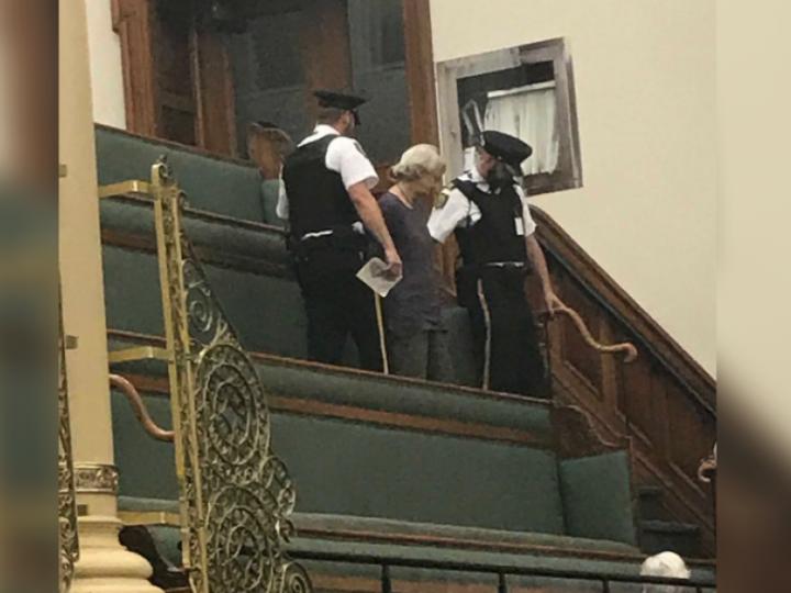 Sally McLean was arrested at the Ontario legislature in Toronto on Sept. 12 for refusing to leave the public gallery. (Credit: Kristin Rushowy/Toronto Star)