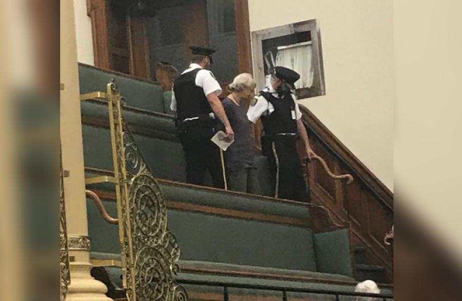 Sally McLean was arrested at the Ontario legislature in Toronto on Sept. 12 for refusing to leave the public gallery. (Credit: Kristin Rushowy/Toronto Star)