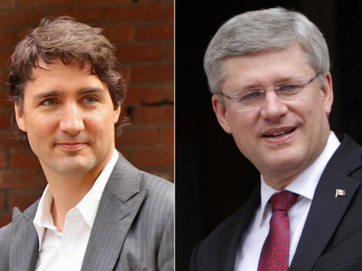 Prime Minister Justin Trudeau and former PM Stephen Harper. (Photos: Alex Guibord/Flickr; primeministergr/Flickr, both via Creative Commons)