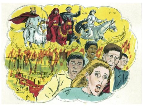 An illustration depicting chapter six of the book of Revelation, by Jim Padgett from Read'n Grow Picture Bible Illustrations. (Courtesy Distant Shores Media/Sweet Publishing via Wikimedia Commons)