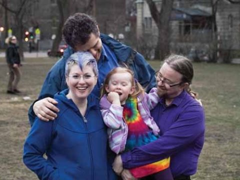 "Blue" Joyce, John Bashinski, Kaia Baird and Warren Baird at a park near their Montreal home. Photo by Neal Rockwell